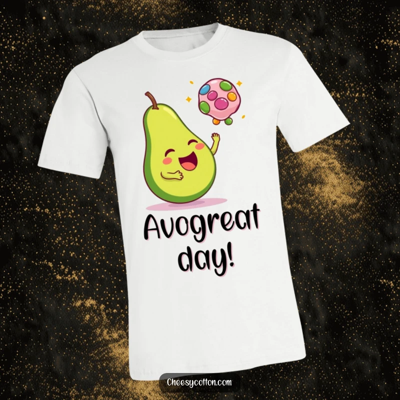 Funny t-shirt graphic of a happy avocado wearing a smile, tossing a colorful bean bag, radiating positivity.