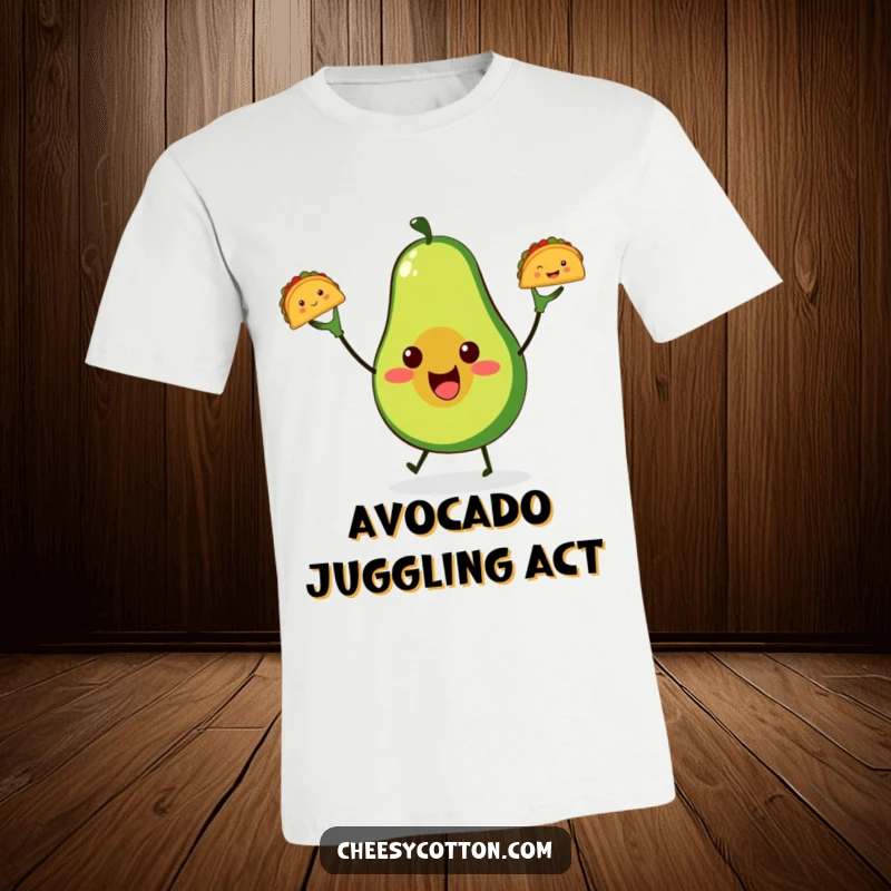 Funny cute avocado t-shirt, juggling tiny tacos with enthusiasm, embodying playful foodie spirit and delight.