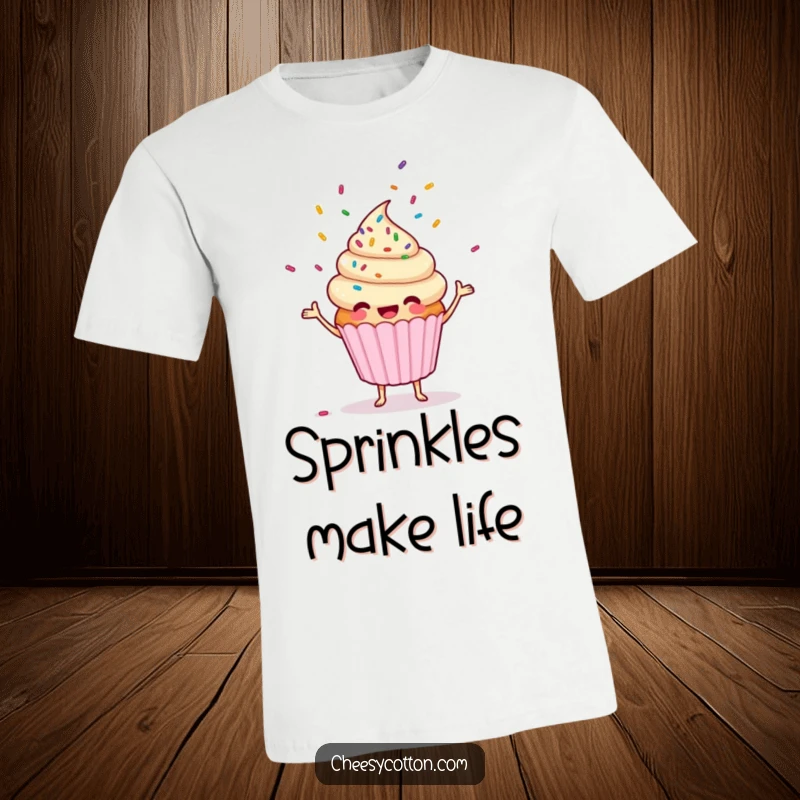Funny cartoon cupcake character gleefully tossing colorful sprinkles, wearing a funny t-shirt, perfect for gift-giving.