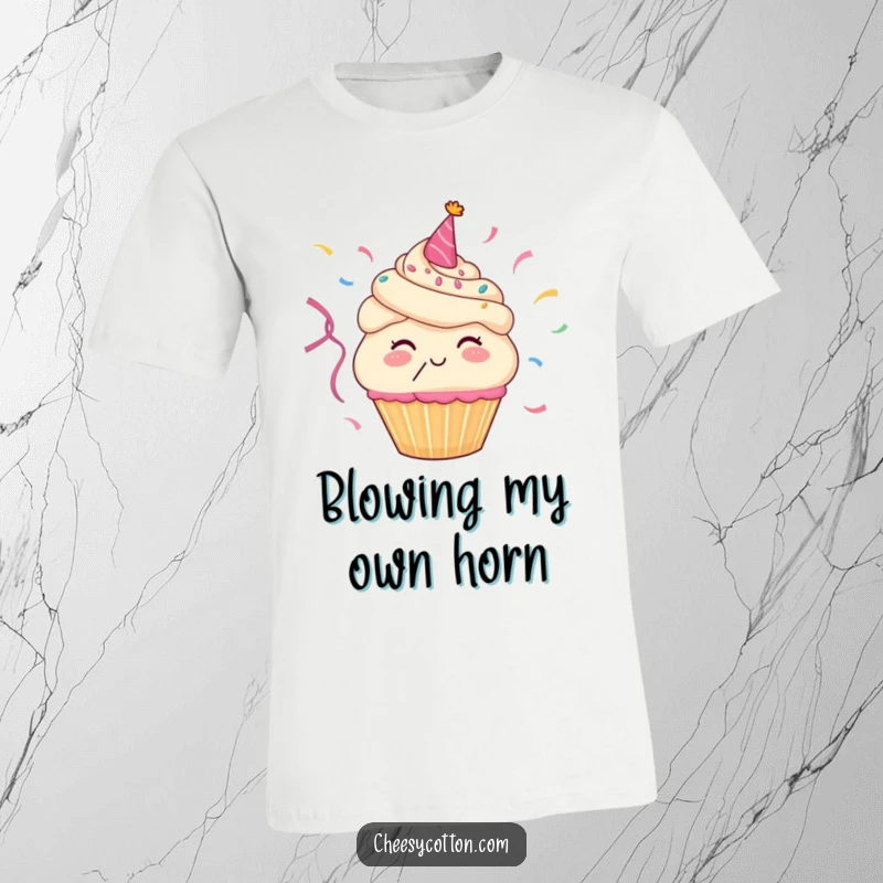Funny t-shirt showcasing a happy cupcake character exuberantly blowing a cascade of colorful party streamers, full of festive energy.
