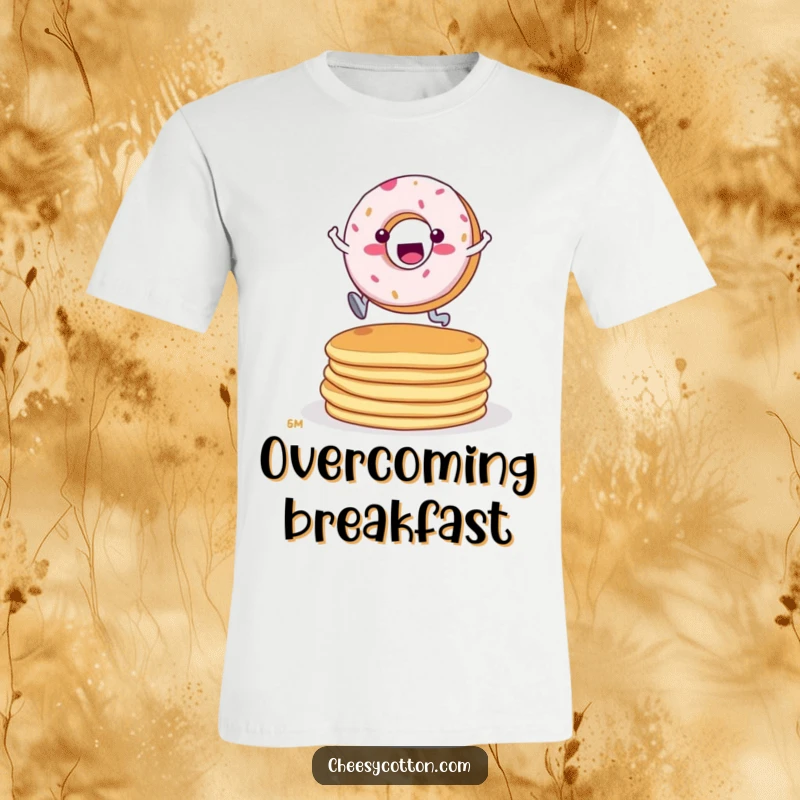 Funny Donut Pancake Leap T-Shirt: A determined donut character in mid-air, leaping over a stack of pancakes.