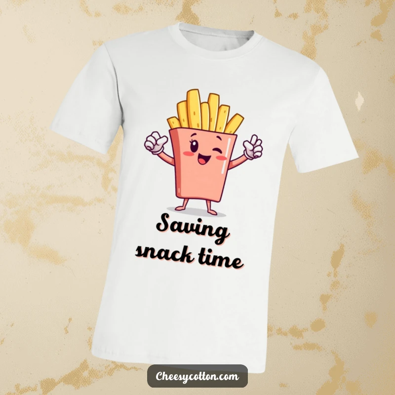 Funny french fry character in a superhero pose on a funny t-shirt, ready to conquer any challenge.