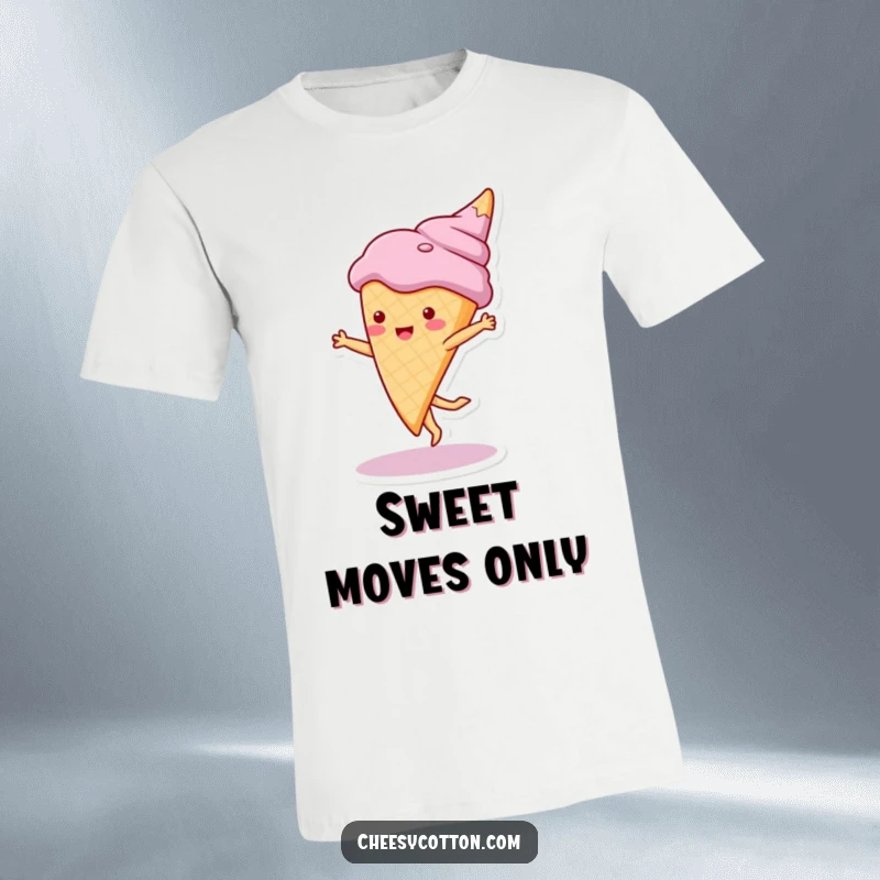 Funny t-shirt with a cute ice cream cone character doing a cartwheel, exuding playful energy and sweet charm. Great funny present.