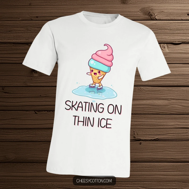 Funny T-Shirt with a playful ice cream cone character attempting to ice skate on a puddle, highlighting mishap and fun.