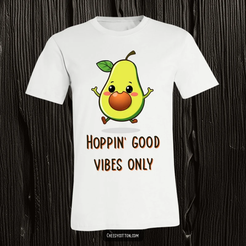 Funny Kawaii Avocado T-Shirt: A grinning, happy avocado mid-hop, embodying joyful energy and cute veggie humor.