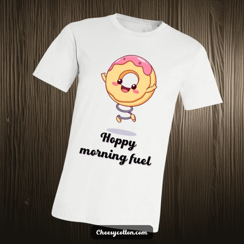 Funny T-Shirt showcasing a happy kawaii donut character mid-bounce on a spring, full of infectious excitement.