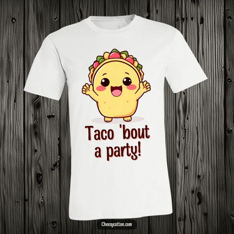 Funny T-Shirt depicting a kawaii taco character joyfully cheering with both hands raised, symbolizing pure excitement and a love for tacos.