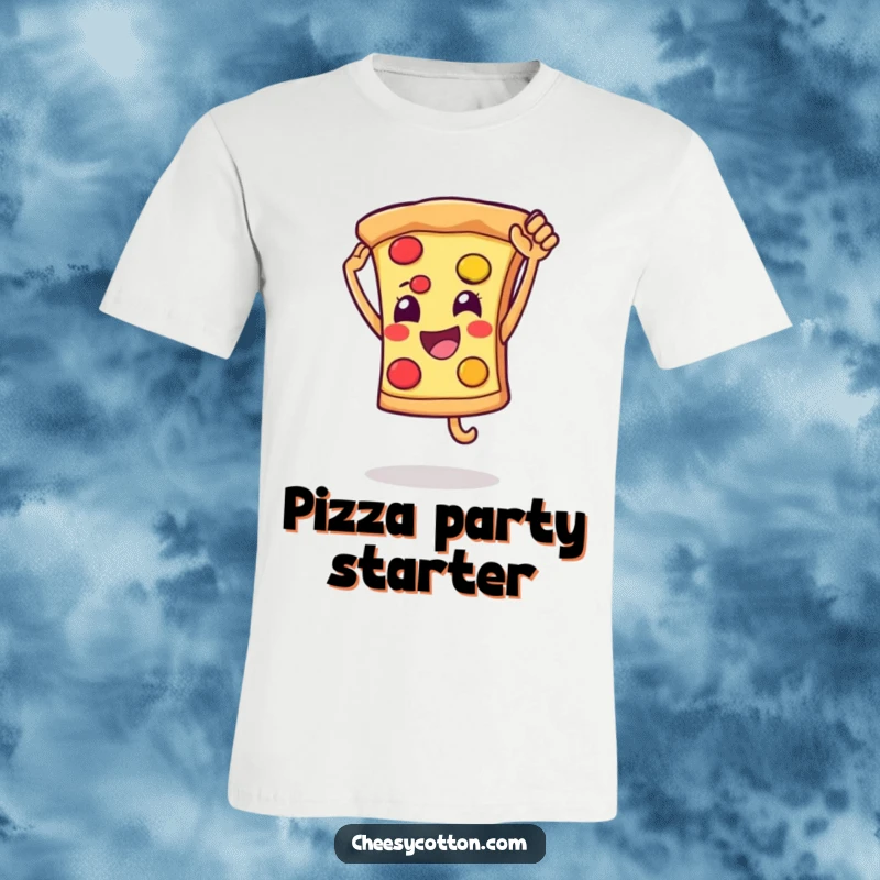 Funny t-shirt with a smiling pizza slice character leaping for a high five, exuding joy and a love for good times. Great funny present.