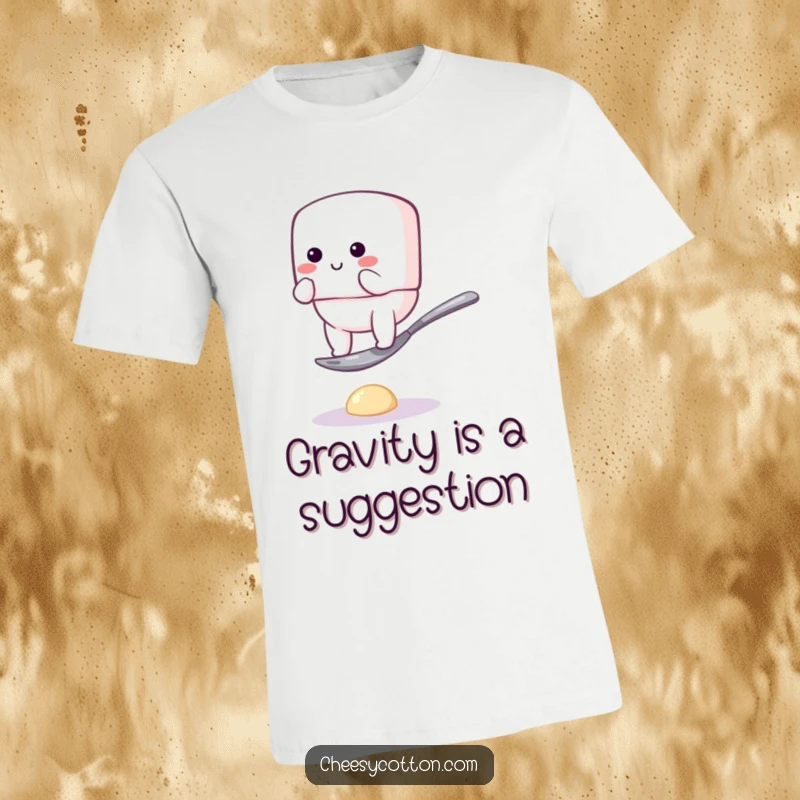Funny t-shirt depicting a clumsy, bouncy marshmallow character struggling to maintain balance on a comically small spoon, a hilarious visual gag.