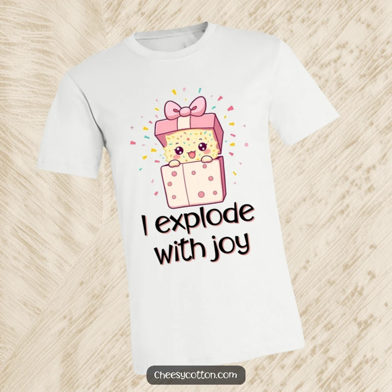 Funny T-Shirt with a cartoon present character exploding confetti, capturing pure celebratory joy and excitement.