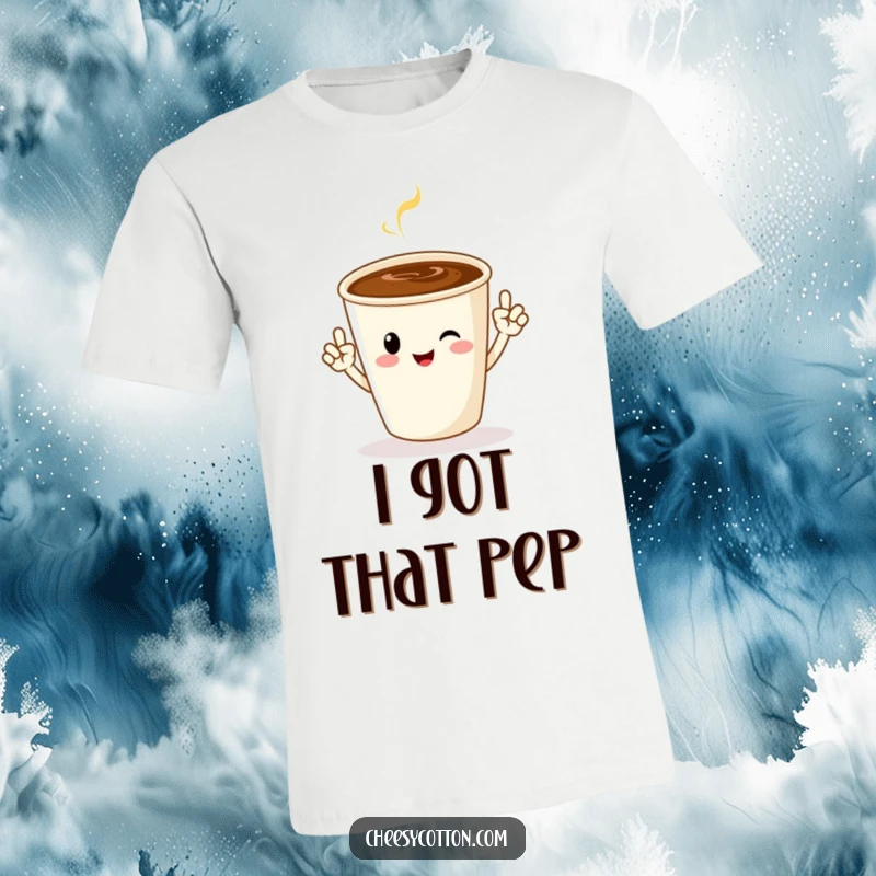 Funny t-shirt showing a cheerful coffee cup character performing an energetic jazz hands gesture, radiating positivity and caffeine-fueled fun.