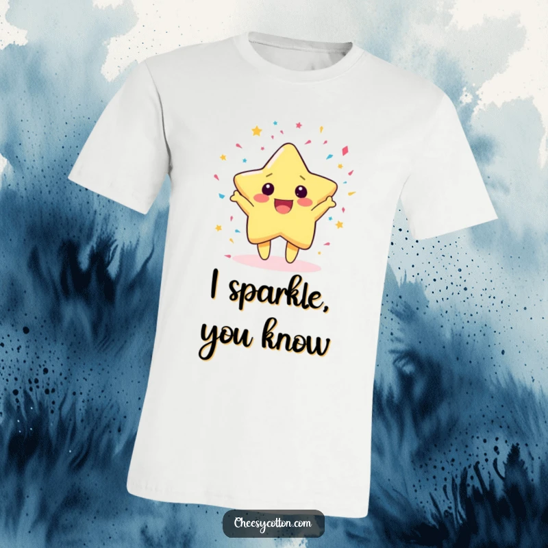 Funny T-Shirt showing a happy kawaii star character joyfully tossing confetti, embodying a spirit of fun and festivity.