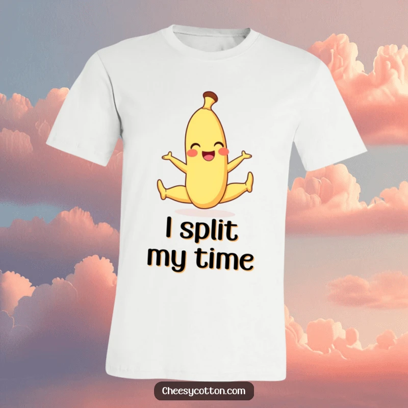 Funny t-shirt of a smiling banana character executing a graceful and playful split, radiating cheerfulness.