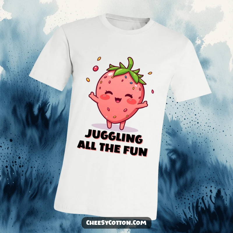 Funny Strawberry Sprinkle T-Shirt: A blushing strawberry character skillfully juggling colorful sprinkles with a happy expression.