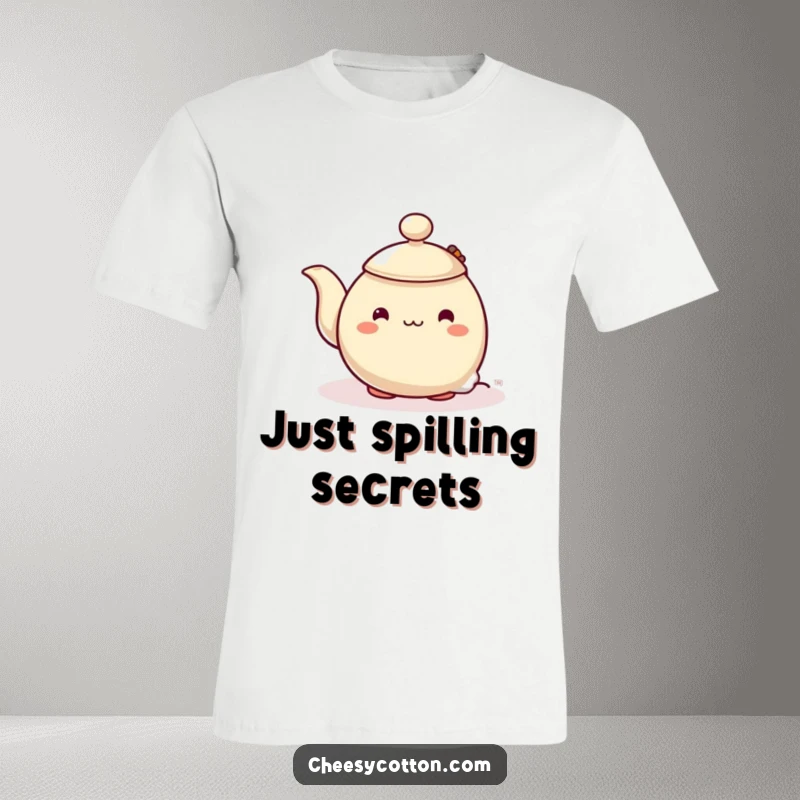 Funny t-shirt depicting a shy teapot character curiously peeking from behind a steaming teabag, a charming representation of introverted humor.