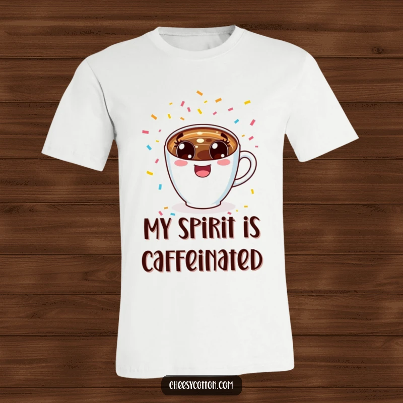 Funny excited kawaii coffee cup cheering with confetti, printed on a comfortable t-shirt.