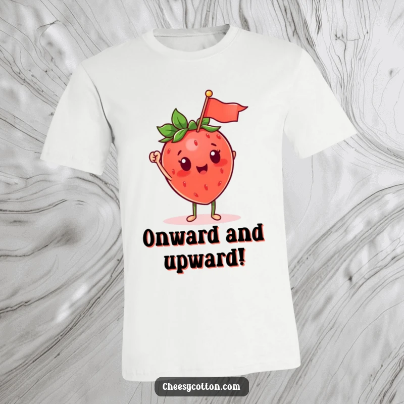 Funny cartoon strawberry character excitedly waving a tiny flag, featured on a funny t-shirt, great for gifting.
