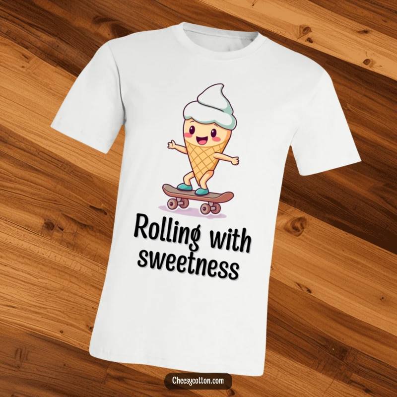 Funny ice cream cone character balancing on a skateboard, illustrated on a t-shirt for a cool and humorous look.