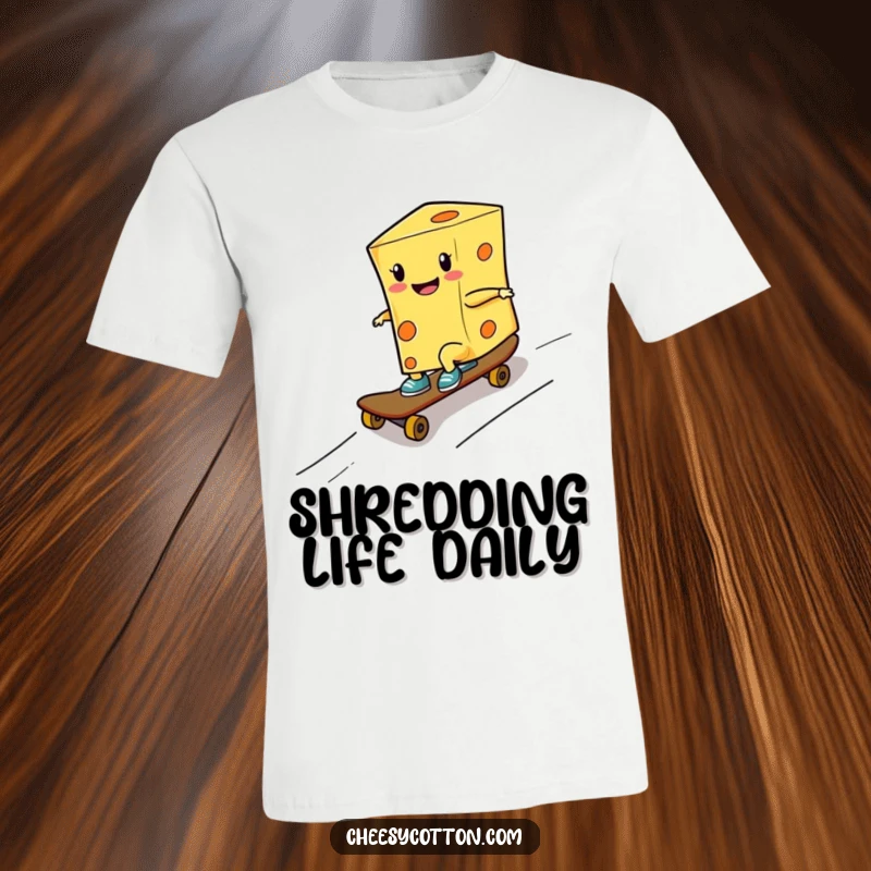 Funny t-shirt depicting a smiling cheese character in mid-air while skateboarding down a ramp with radical style.
