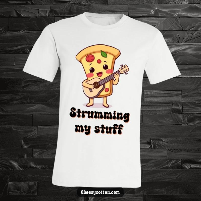 Funny t-shirt showcasing a cute pizza slice character joyfully playing a ukulele, radiating happiness and a love for music.