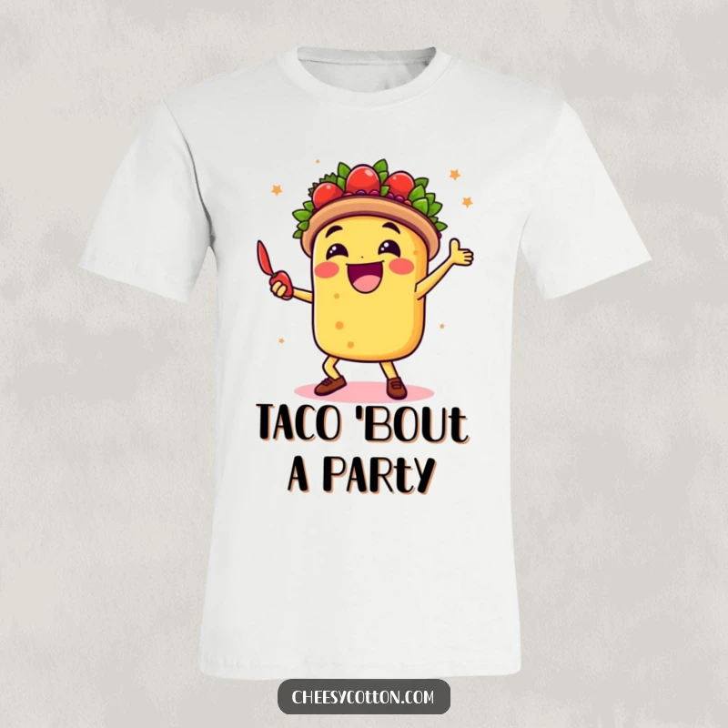 Funny t-shirt showcasing a joyful taco character dancing energetically with a chili pepper, exuding pure fiesta celebration.