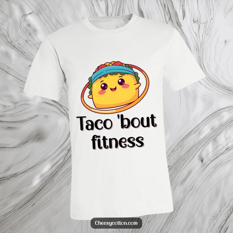 Funny happy kawaii taco playfully spinning a hula hoop, printed on a comfortable t-shirt.