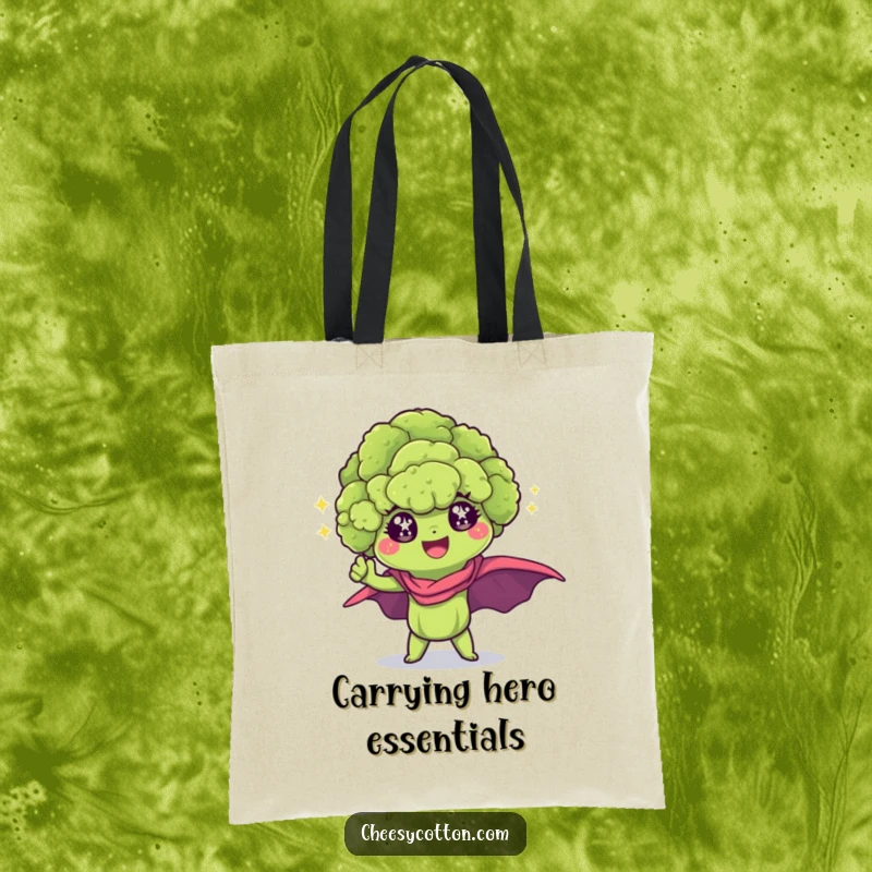 Funny Kawaii Broccoli Tote Bag: A sparkling broccoli floret in a superhero pose, ready to carry your belongings.