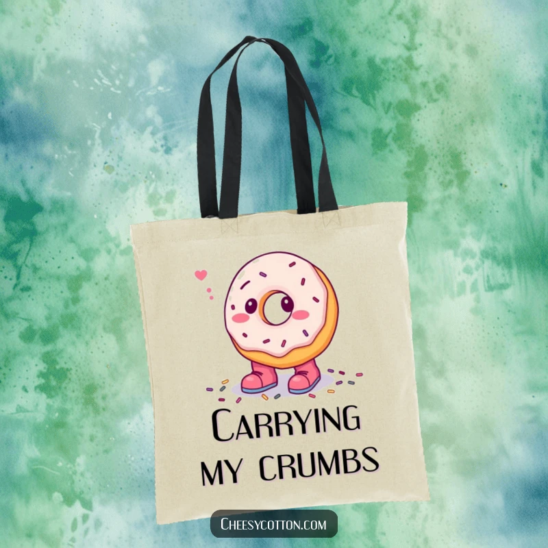 Funny tote bag with a confused donut character comically stepping in sprinkles while wearing tiny boots, a cute and humorous accessory.