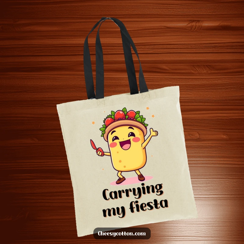 Funny tote bag with a happy taco dancing with a chili pepper, perfect for carrying groceries with fiesta flair.