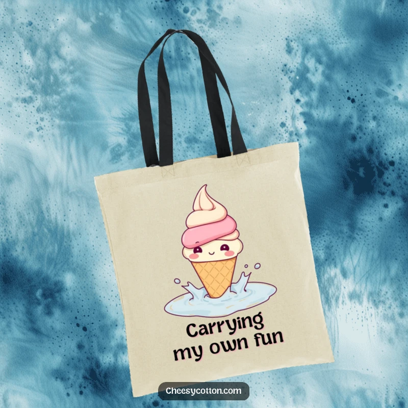 Funny Tote Bag: A beaming ice cream cone splashing in a puddle brings cheerful, sweet energy to this functional and fun bag.