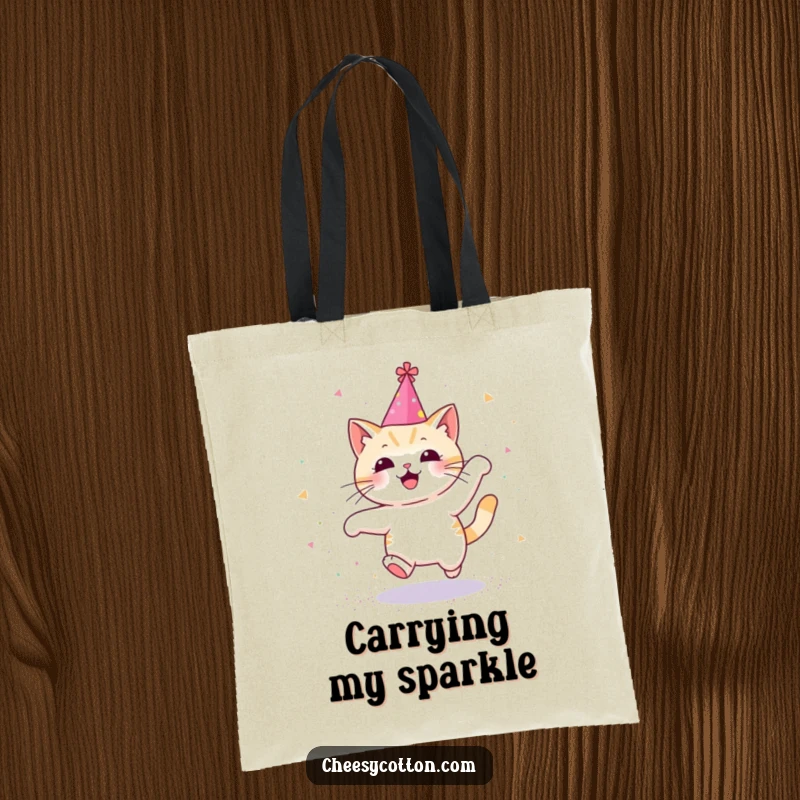 Funny tote bag with a Kawaii cat wearing a party hat, joyfully leaping through glitter, perfect for carrying treasures.