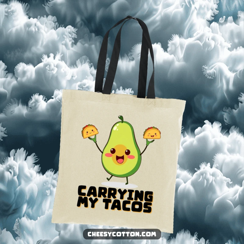 Funny avocado taco juggling tote bag, holding tacos, perfect for carrying groceries with foodie charm and humor.