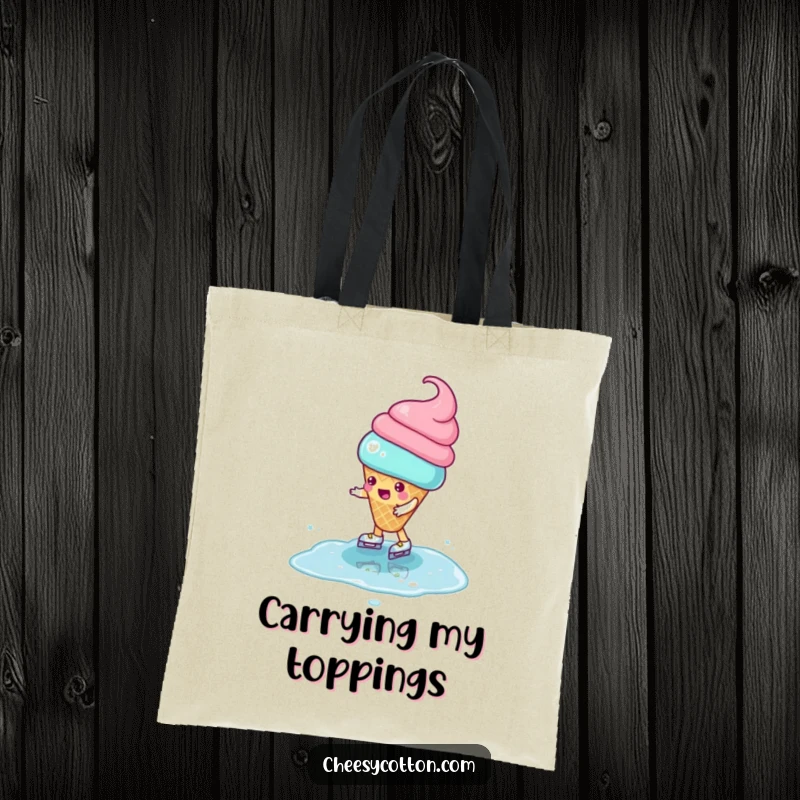 Funny Tote Bag with a playful ice cream cone character attempting to ice skate on a puddle, great for carrying items.