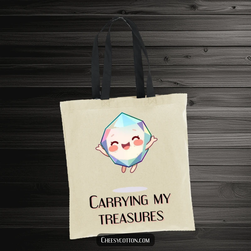 Funny tote bag showcasing a cute, giggling gemstone character bouncing with pure joy, ideal for carrying items with sparkle.