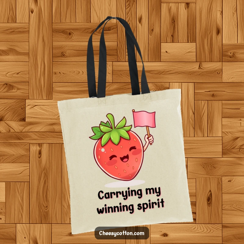 Funny tote bag featuring a cute strawberry character waving a miniature flag, adding a playful and cheerful element to your day.