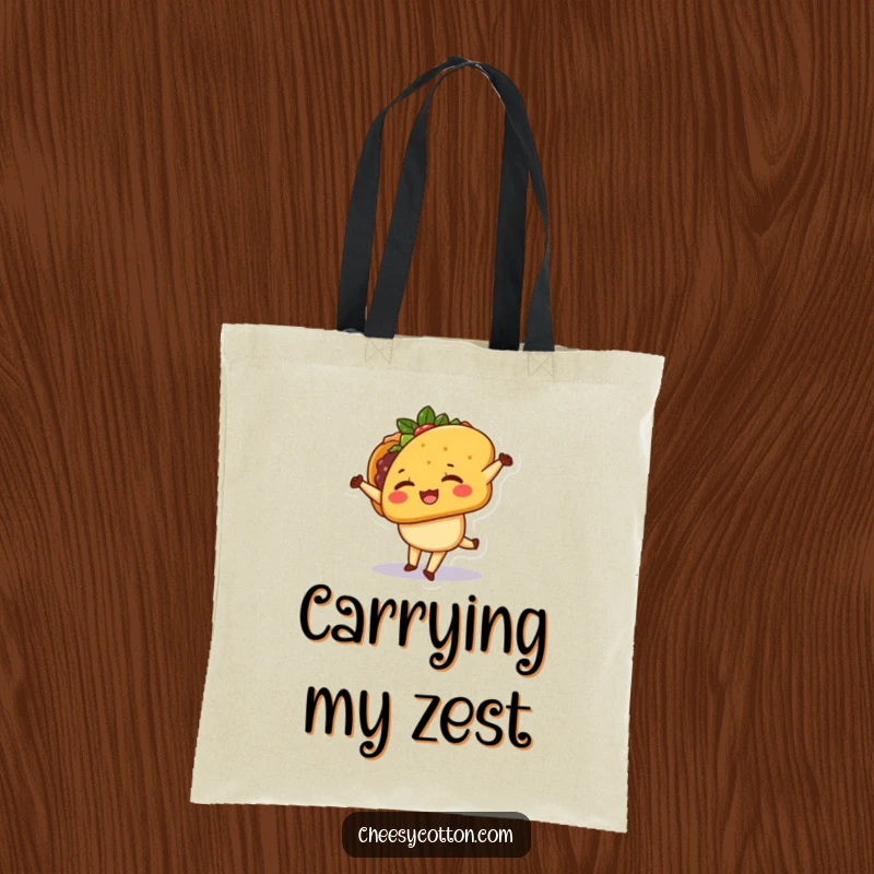 Funny Tote Bag featuring a happy kawaii taco character winking while doing a cartwheel, practical and full of personality.