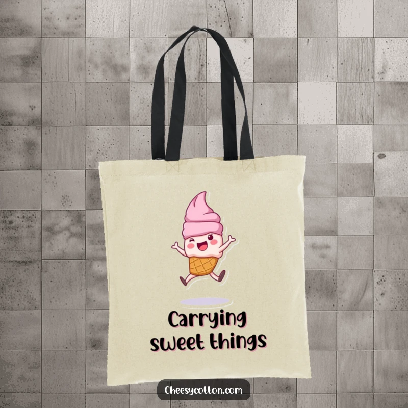 Funny ice cream cone character doing a cartwheel on a durable tote bag, a cheerful and humorous accessory.