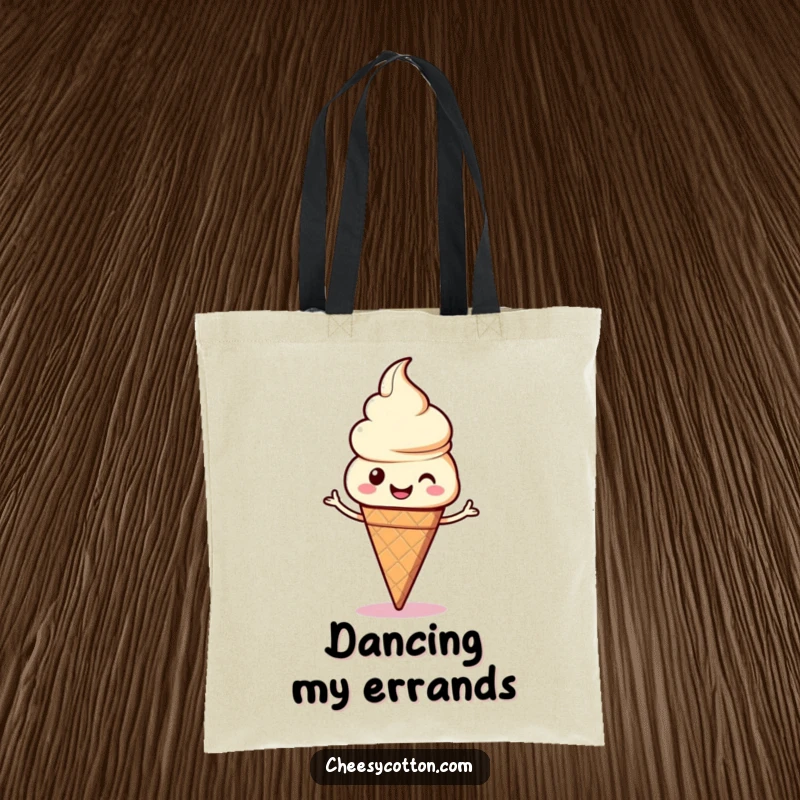 Funny kawaii ice cream cone doing a silly dance on a sturdy tote bag, great for shopping and carrying smiles.
