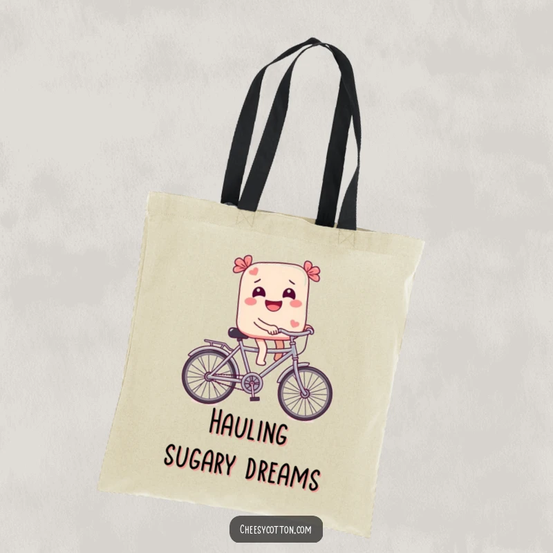 Funny Tote Bag: A giggling candy on a tiny bicycle brings sweet, whimsical charm to this delightful and practical tote.