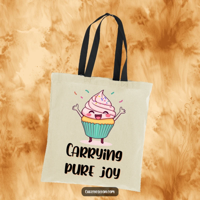 Funny tote bag depicting a delighted cupcake mid-dance with a vibrant explosion of sprinkles, ready for anything.