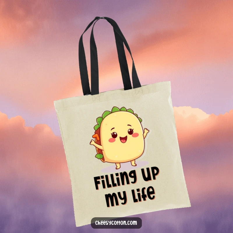 Funny tote bag depicting a happy taco character caught mid-silly dance, its filling comically jiggling, perfect for grocery runs.