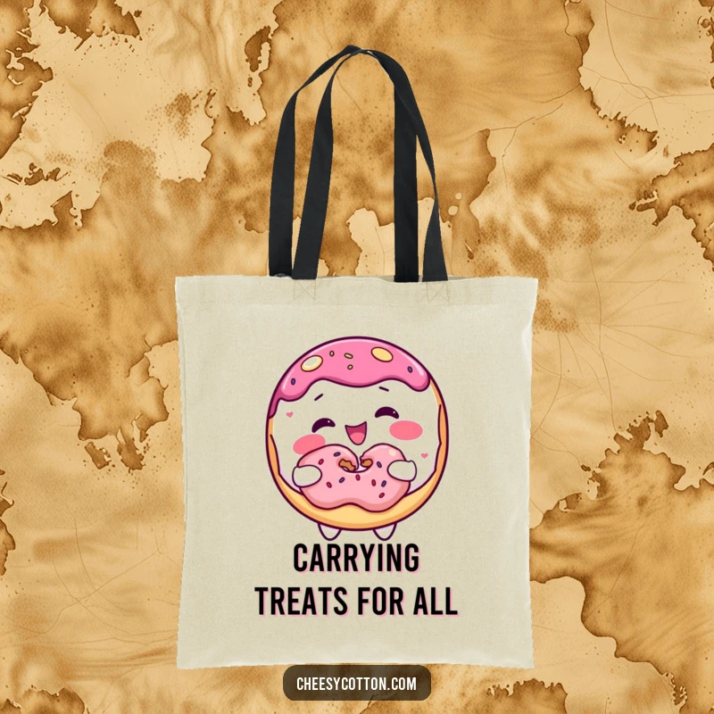 Funny donut character sharing a donut, printed on a durable tote bag for a humorous and sweet accessory.