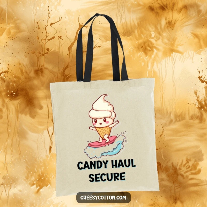 Funny ice cream cone surfing a wave of candy, a humorous and spacious tote bag for sweet lovers.