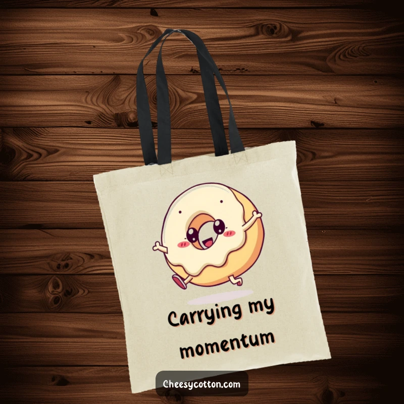 Funny kawaii doughnut doing a cartwheel, emblazoned on a durable tote bag, perfect for shopping and carrying smiles.