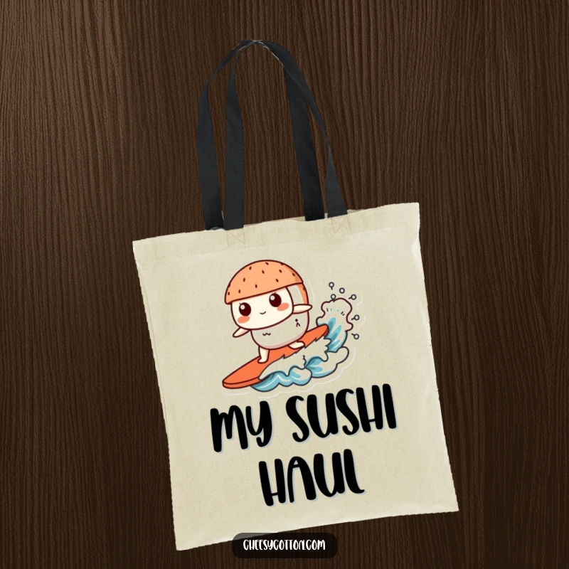 Funny Kawaii Sushi Tote Bag: A cute sushi character confidently surfing a tiny wave, perfect for carrying groceries or beach essentials.