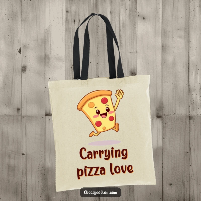 Funny pizza slice character leaping to give a high five on a durable tote bag, a cheerful accessory.