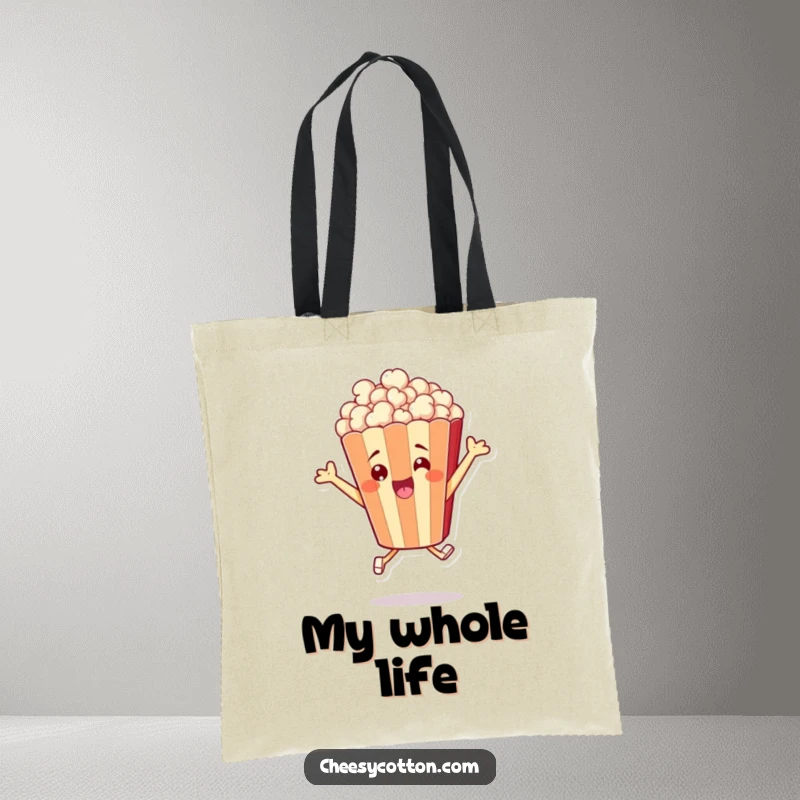 Funny tote bag featuring a cheerful popcorn bag character joyfully leaping, ready for any adventure.
