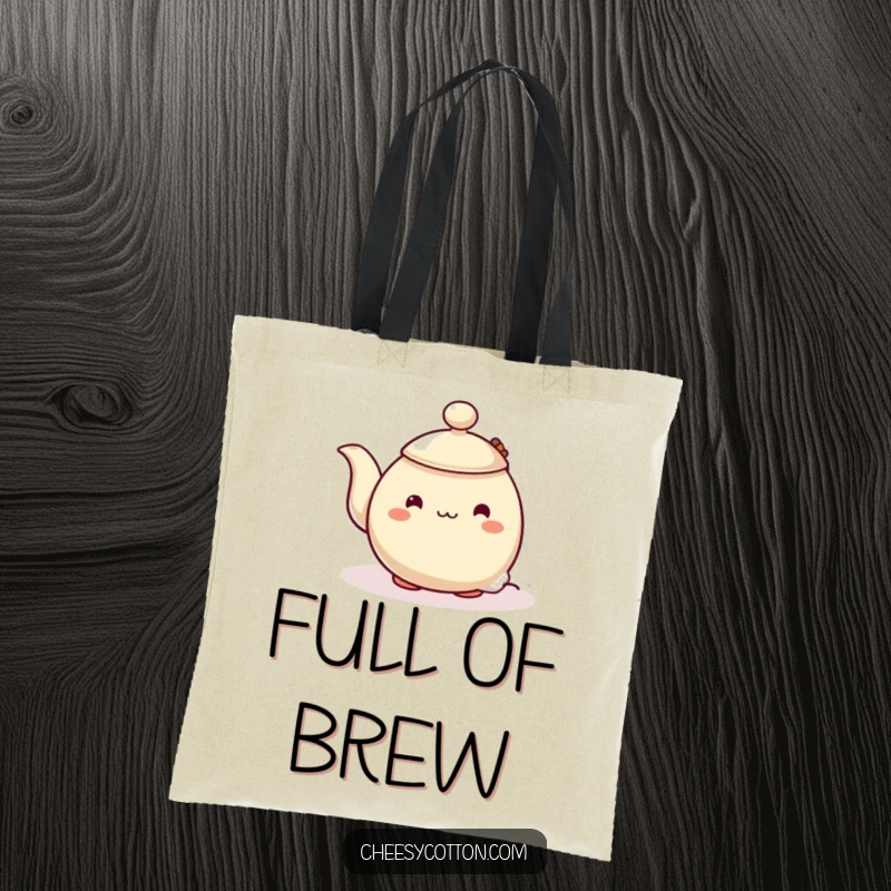 Funny tote bag with a shy teapot character comically peeking from behind a steaming teabag, a charming and functional accessory for everyday use.