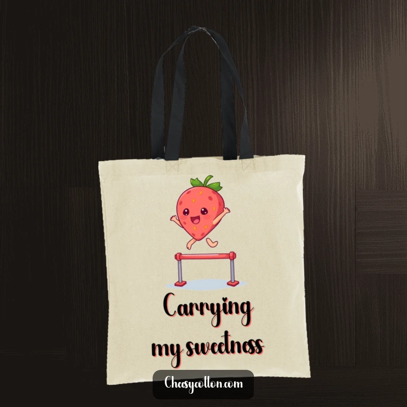 Funny tote bag with a kawaii strawberry character leaping over a hurdle, symbolizing overcoming challenges with joy.