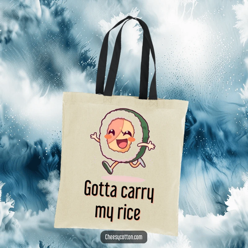 Funny sushi roll character depicted mid-high-knee run with sheer delight, on a durable tote bag, ideal funny gift.
